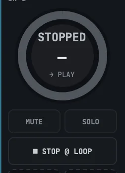 The strip after the track stops. The fader, MUTE and SOLO sit between the ring and STOP.