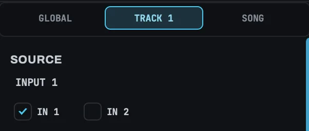 The SOURCE section of the TRACK tab. IN 1 is on.
