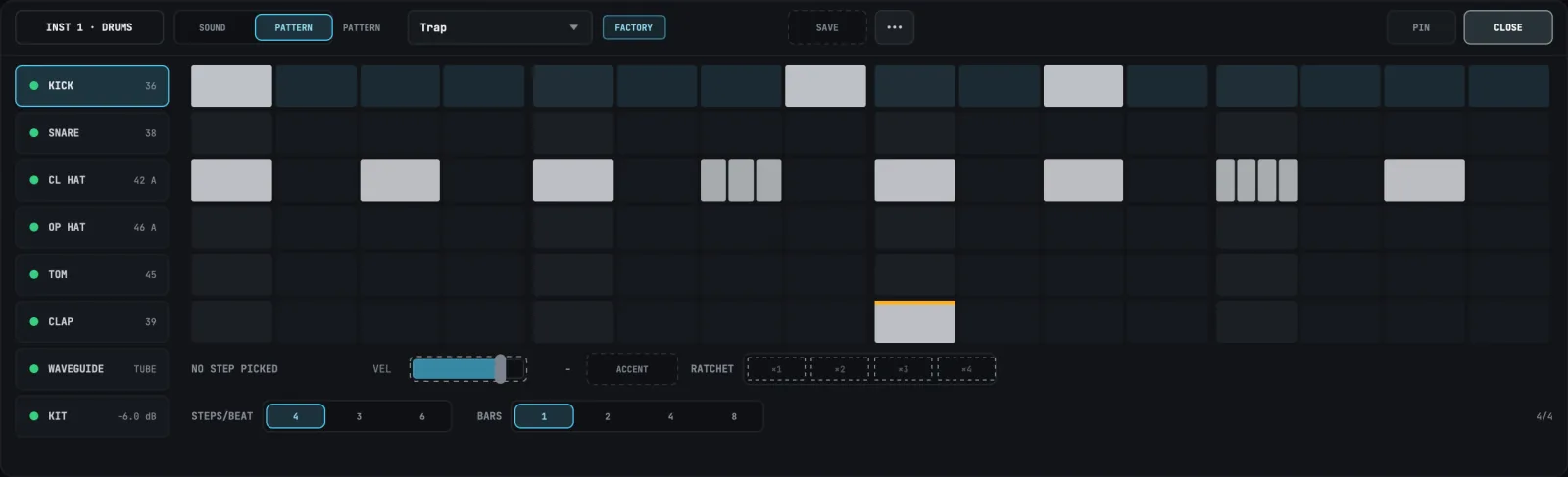 The drum editor on the PATTERN tab in a medium window, with the factory pattern Trap loaded and no step picked.