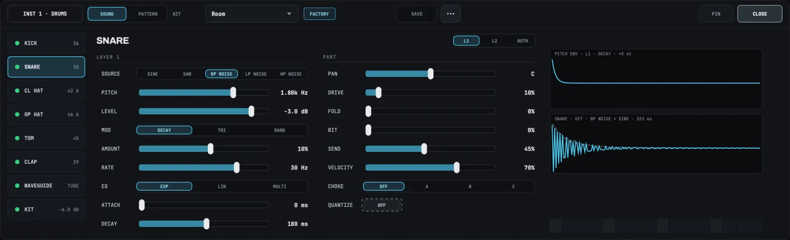 The drum editor's SOUND tab in a medium window, showing the SNARE part of the Room kit with its hit and pitch envelope pictures.