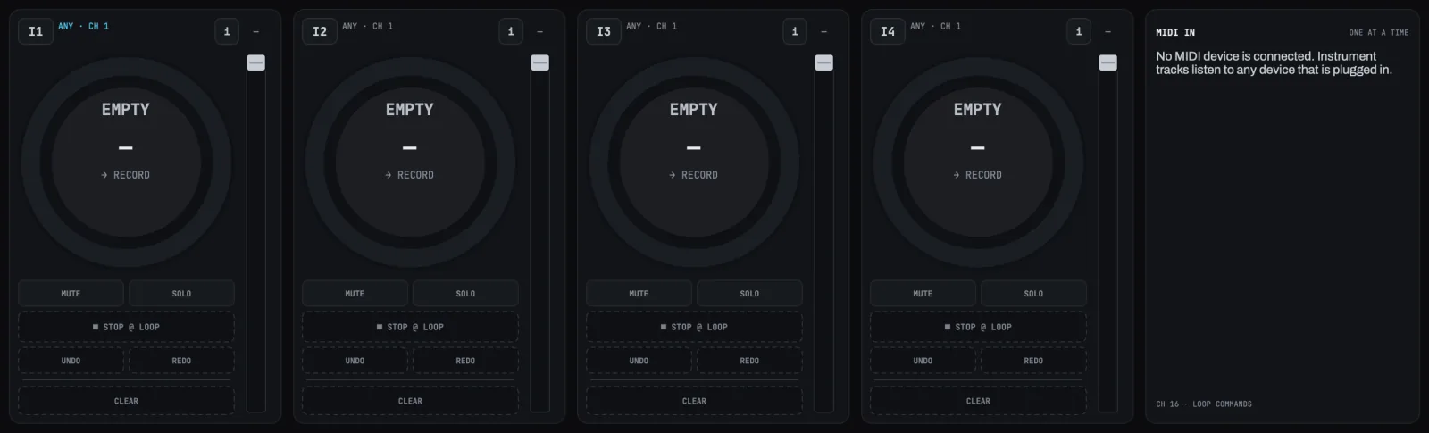 The instrument row: instrument tracks 1 to 4, empty, and the MIDI IN card with no MIDI device connected.
