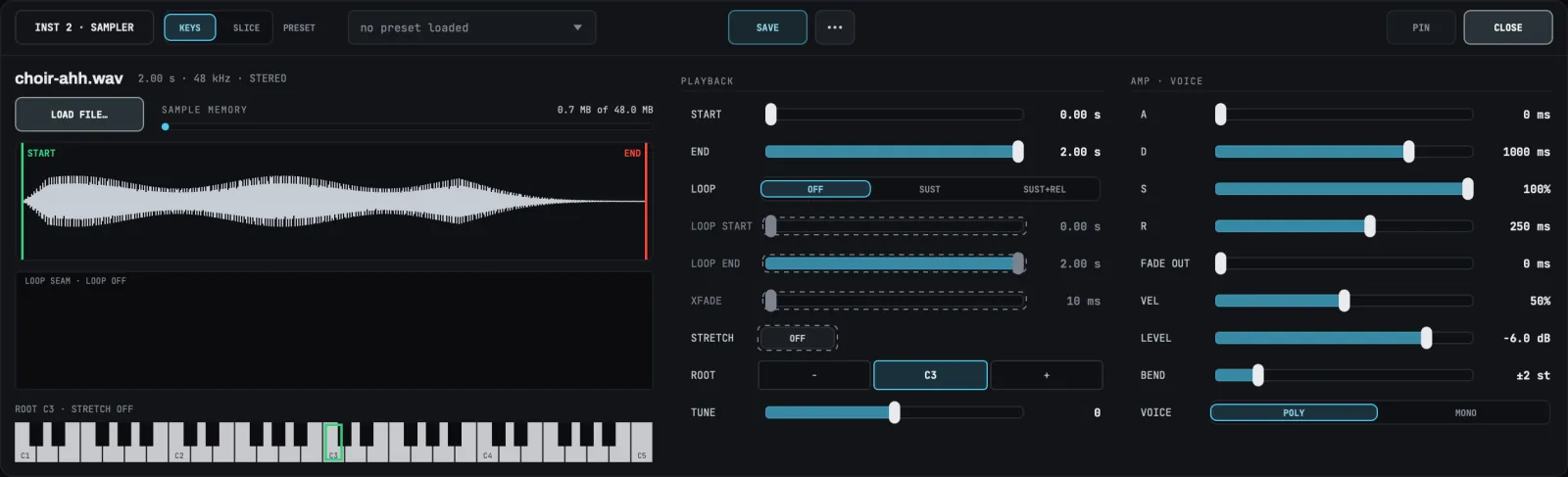 The sampler editor in KEYS mode in a medium window, with a two-second sample loaded and LOOP at OFF.