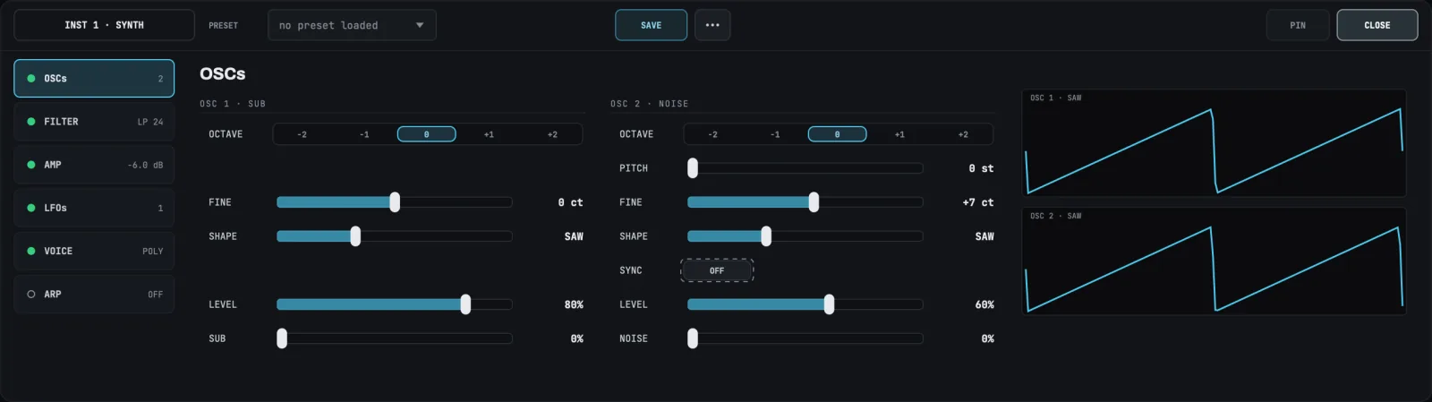 The synth editor in the dock, showing the OSCs section.