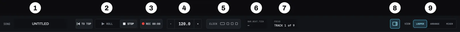 The top bar in the looper view, with no audio device open.