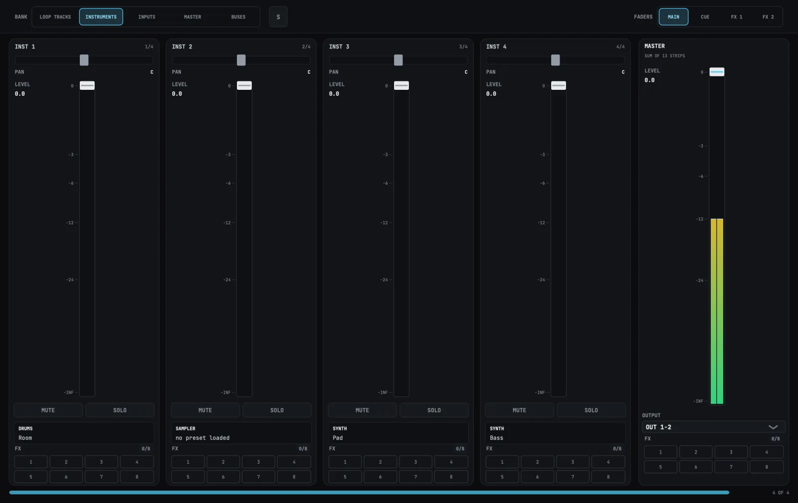 The INSTRUMENTS bank: a drum track with the Room kit, a sampler track with no preset loaded, and two synth tracks with the Pad and Bass presets.