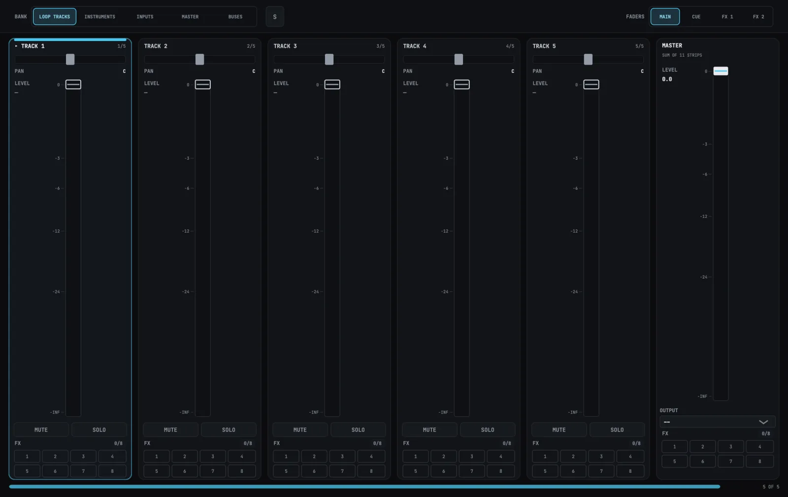 The LOOP TRACKS bank with no audio device open, with the master strip at the right-hand end.