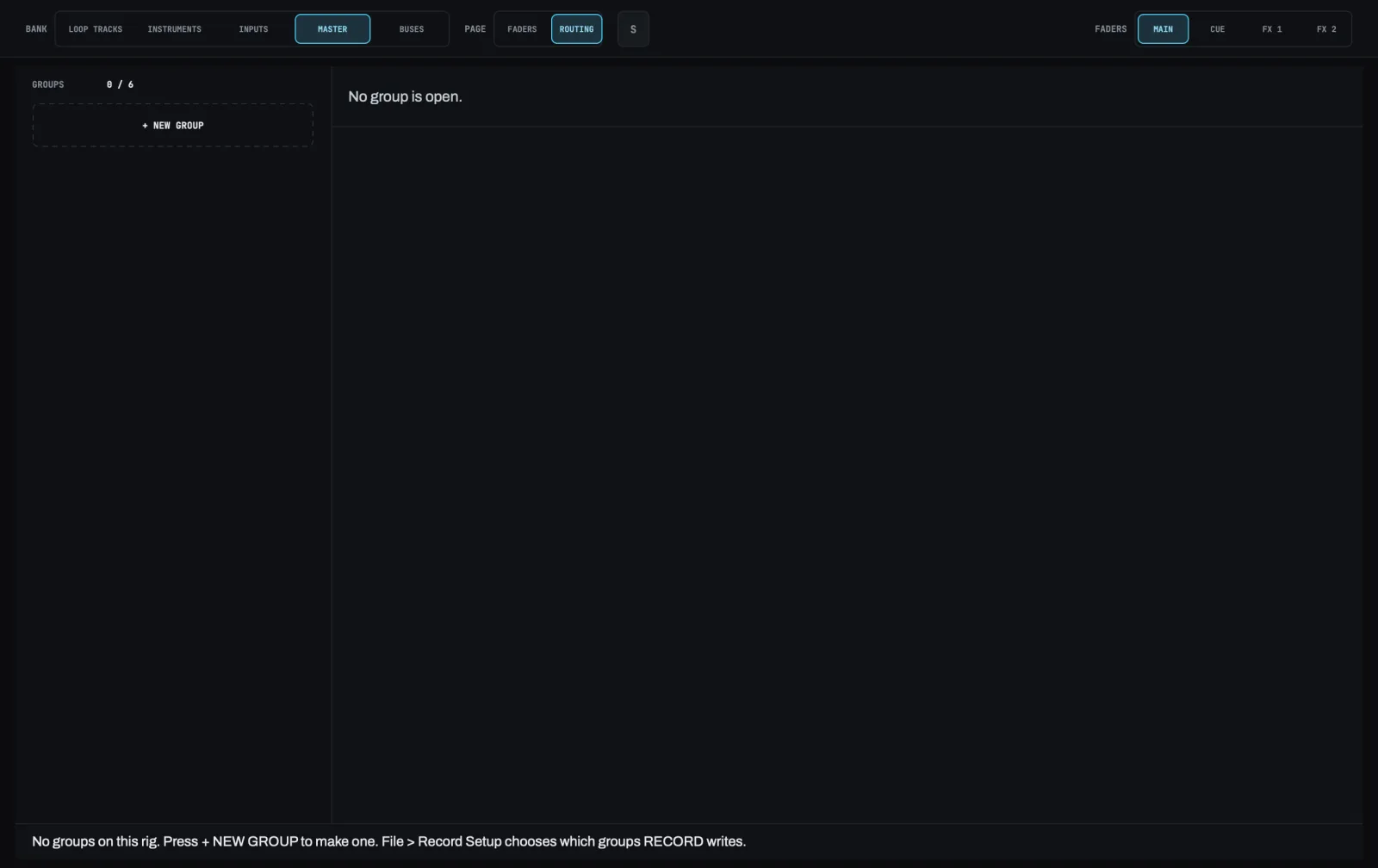 The ROUTING page on a rig with no groups.