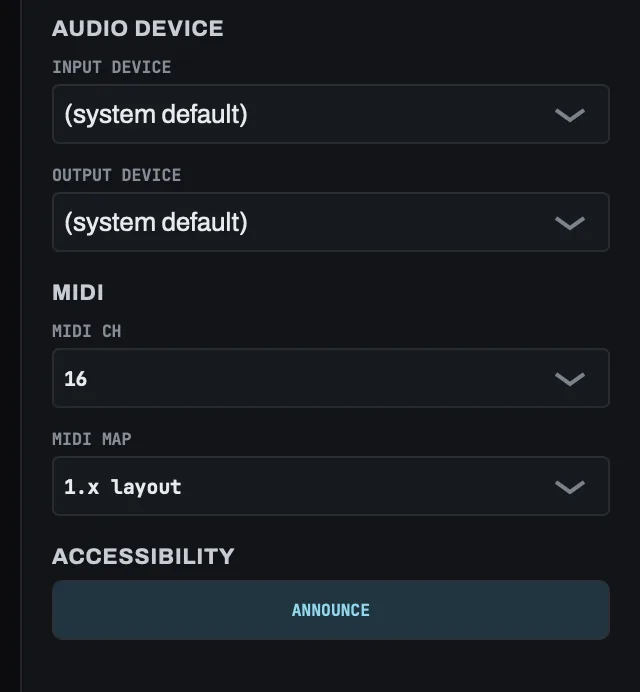 The rest of the GLOBAL panel: its AUDIO DEVICE, MIDI and ACCESSIBILITY sections, with no audio device open.