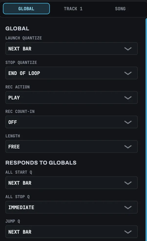 The top of the GLOBAL panel as the window opens: its GLOBAL and RESPONDS TO GLOBALS sections.