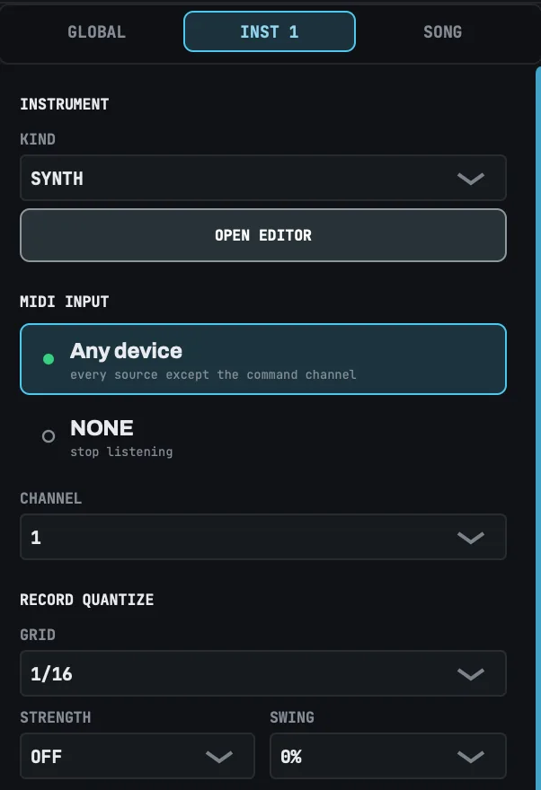 The INST tab for instrument track 1, with no MIDI device connected.
