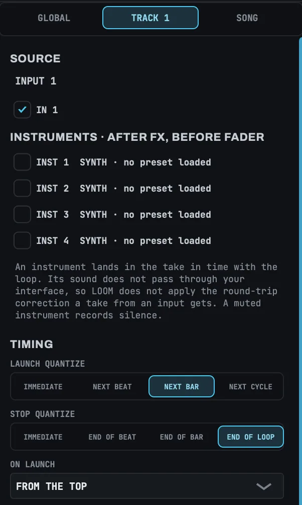 The top of the TRACK panel on track 1: its SOURCE and TIMING sections.