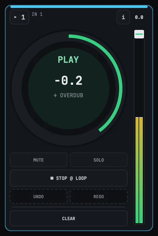 Track 1 playing a loop. The ring reads -0.2, two beats before the loop point, and the next press will overdub.