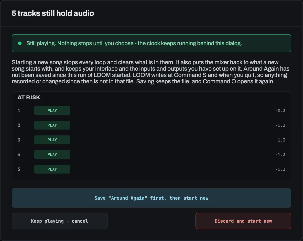 The at-risk warning raised by New Song over a song whose five tracks are playing.