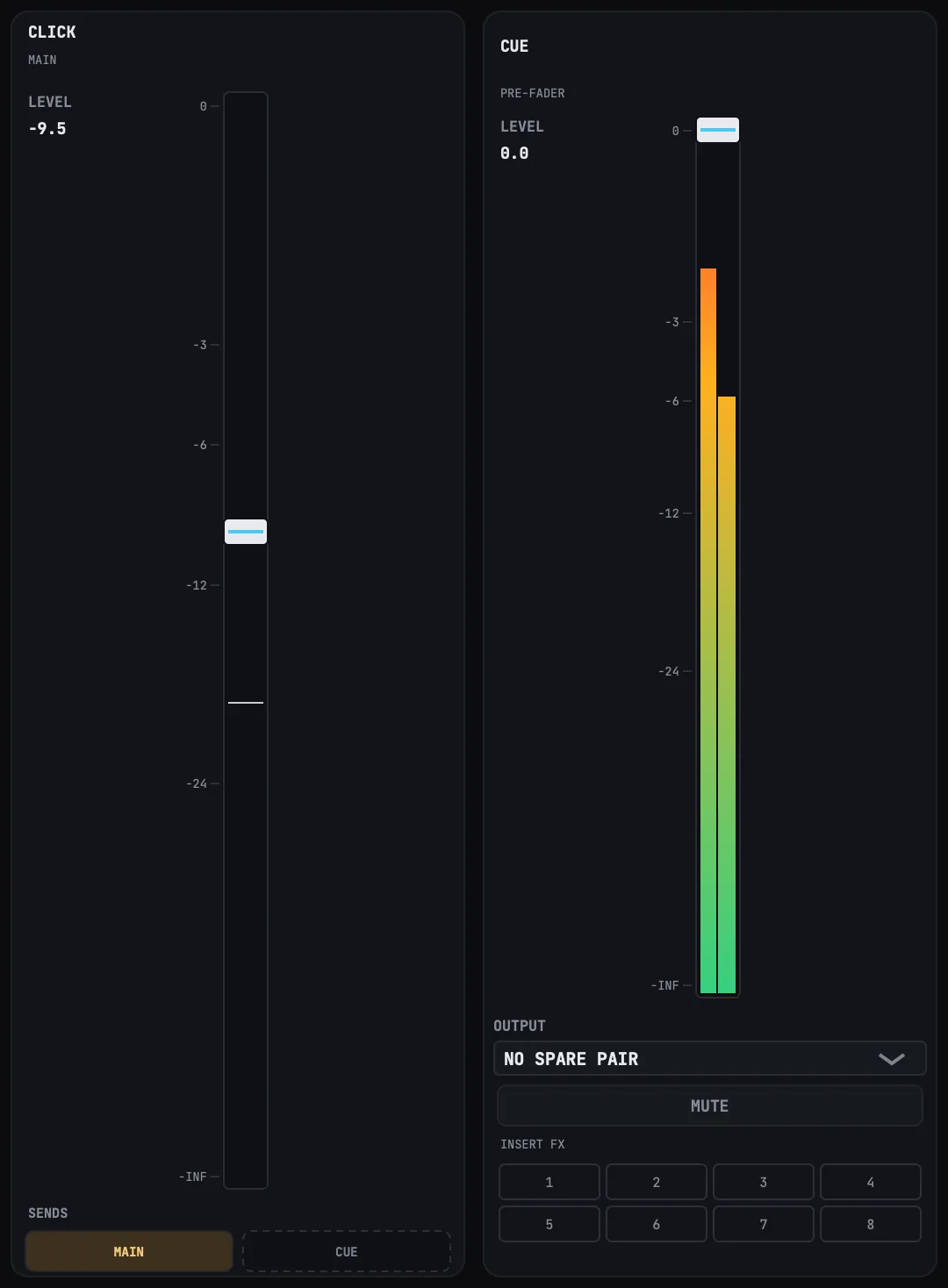 The click strip and the CUE strip on a two-output device. The click sends to MAIN, and the CUE strip's OUTPUT picker reads NO SPARE PAIR.