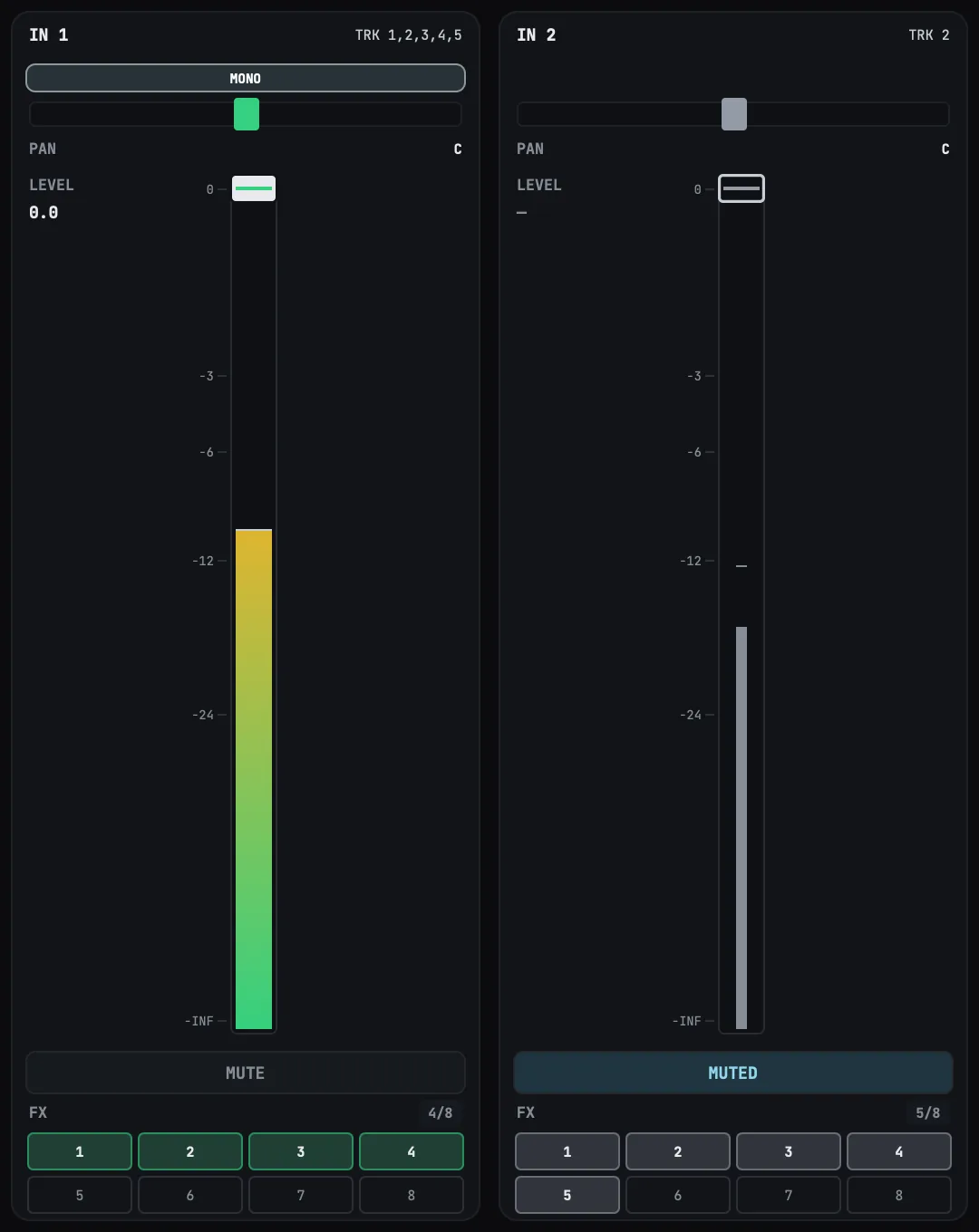 The two input strips of a two-input device. IN 1 is open and every track records it, and IN 2 is muted.