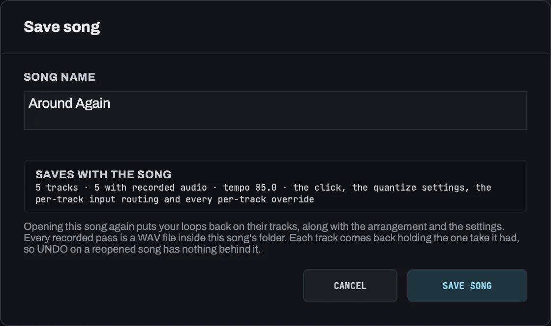 Save song, opened with Save As on a song that already has a name. The name field holds that name.