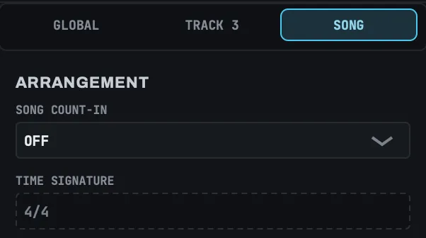 The SONG tab on a song whose tracks hold loops. TIME SIGNATURE is drawn behind a dashed border because it is locked.