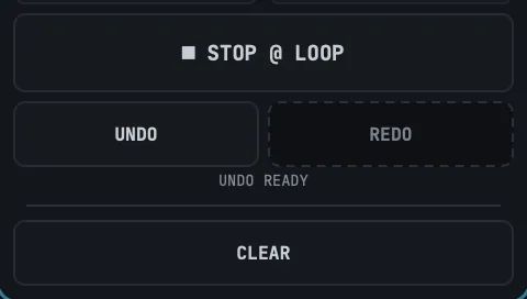 The bottom of track 1's strip after an overdub has closed. UNDO is live, REDO has a dashed border, and the caption reads UNDO READY.