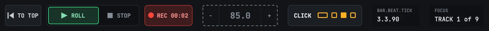 The middle of the top bar while a song plays: ROLL lit green, a recording running at REC 00:02, the tempo locked behind a dashed frame because the tracks hold loops, the third beat LED filled, and BAR.BEAT.TICK at 3.3.3.