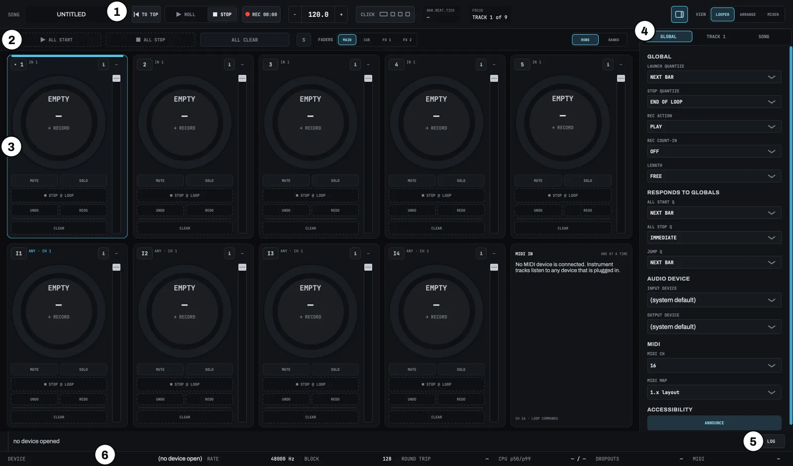 The window in the looper view, with no audio device open.