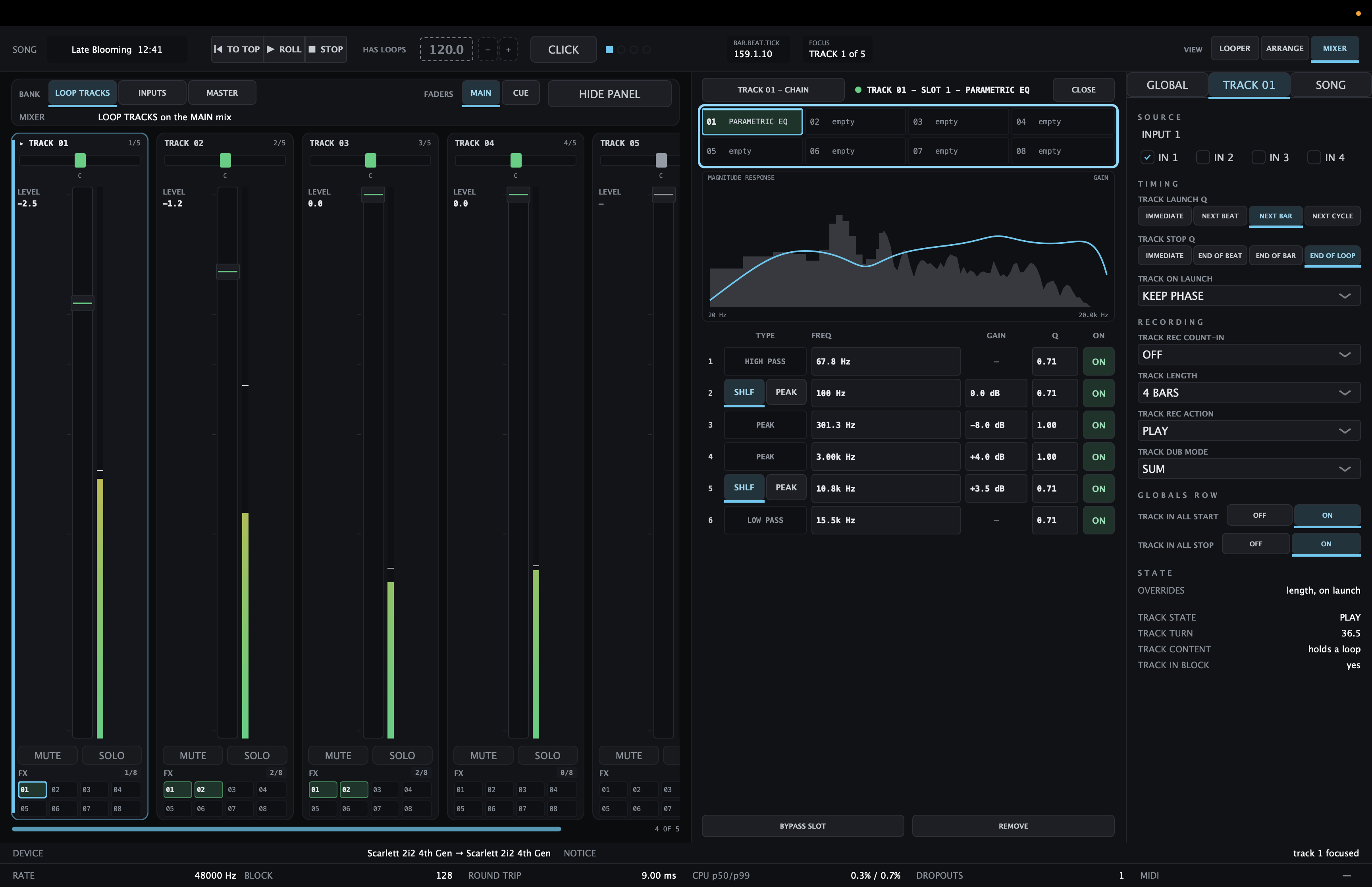 LOOM mixer with the effect drawer open on a parametric EQ, magnitude response and live spectrum