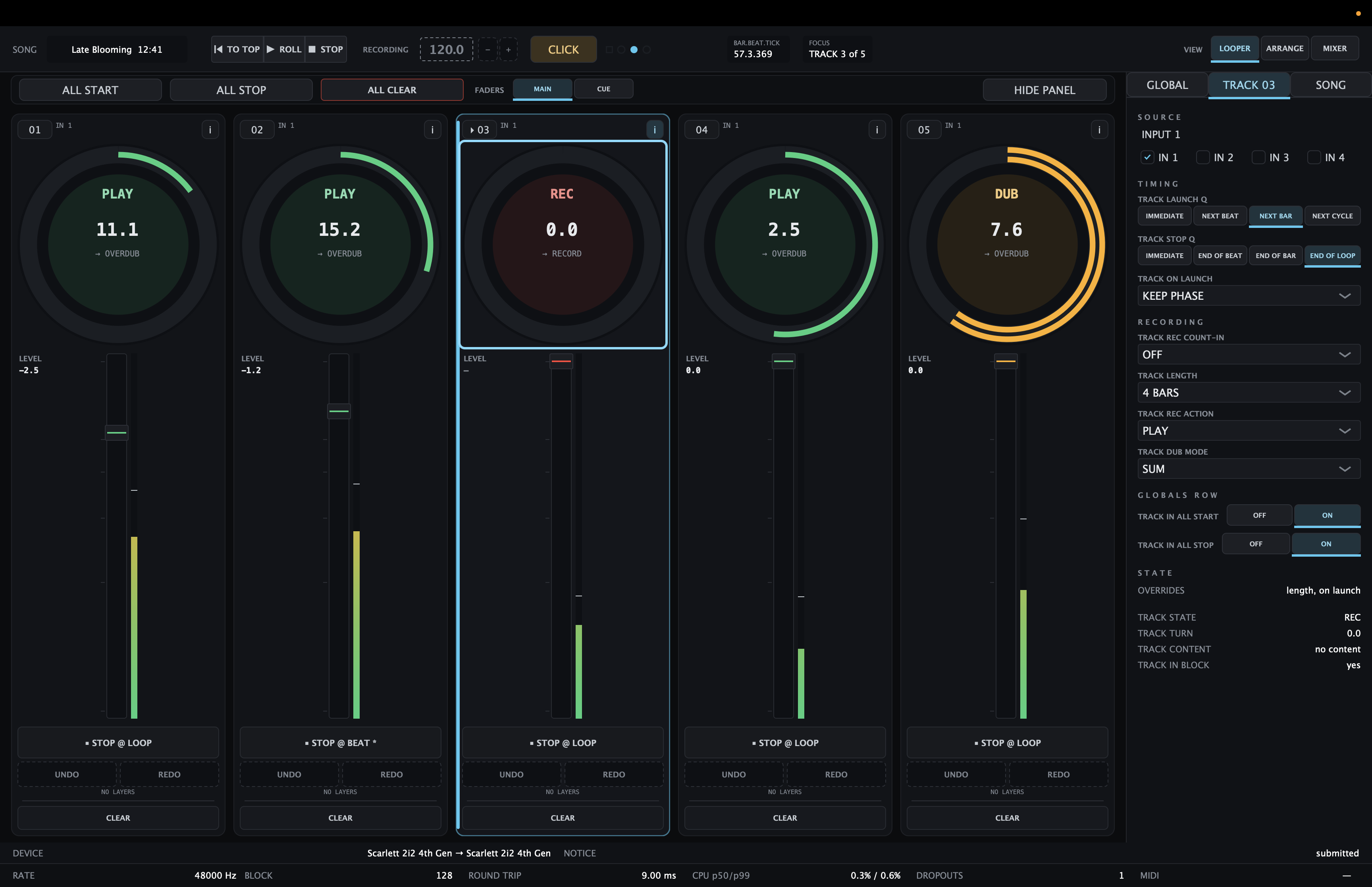 LOOM looper view with five tracks, three rings mid-state and the track panel open