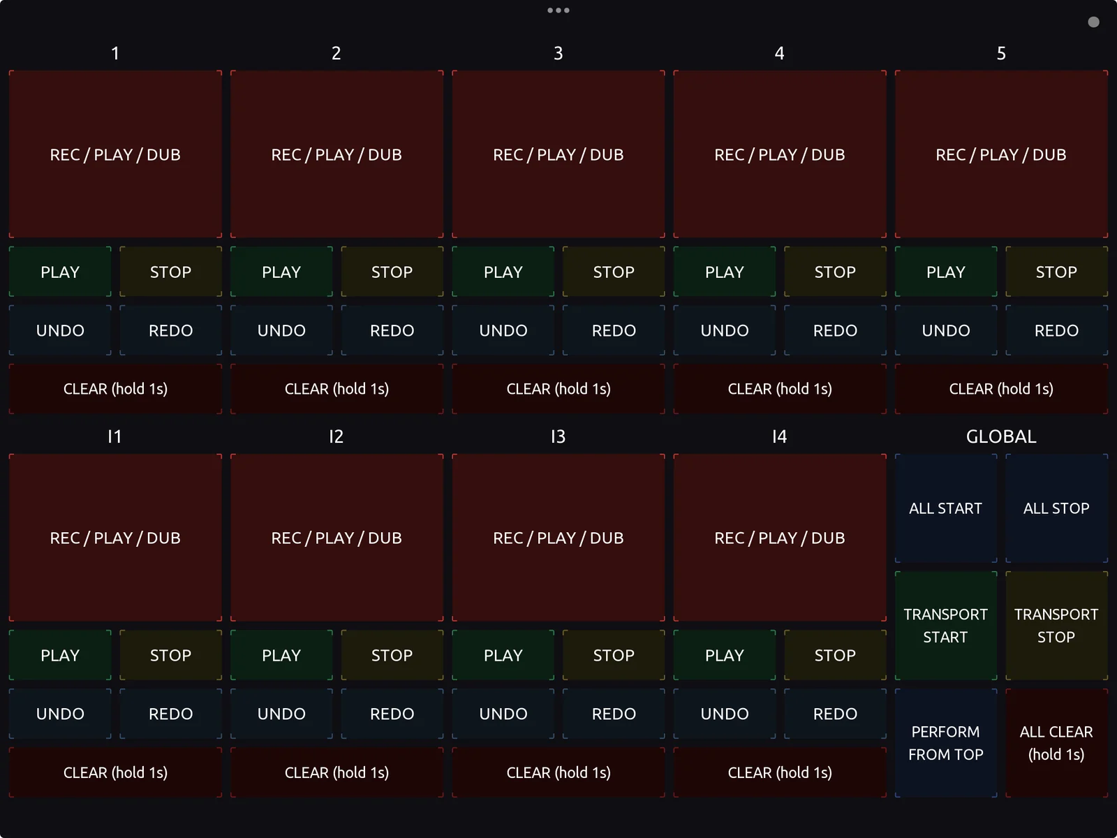 The LOOM layout in TouchOSC on an iPad: five audio track tiles on the top row, four instrument track tiles and a GLOBAL tile on the bottom row