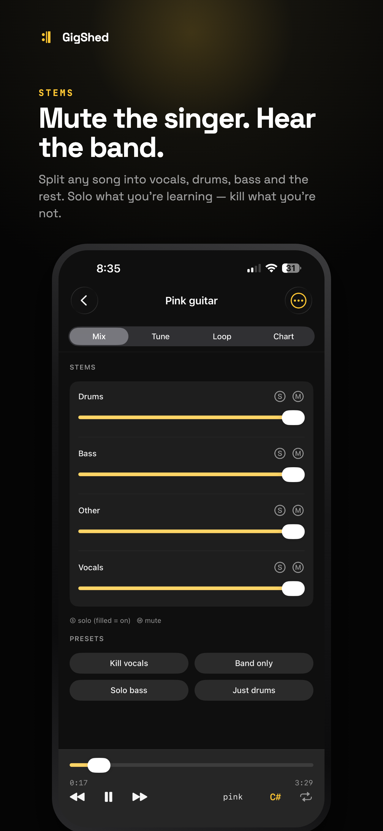 GigShed — mute the singer, hear the band with the stem mixer