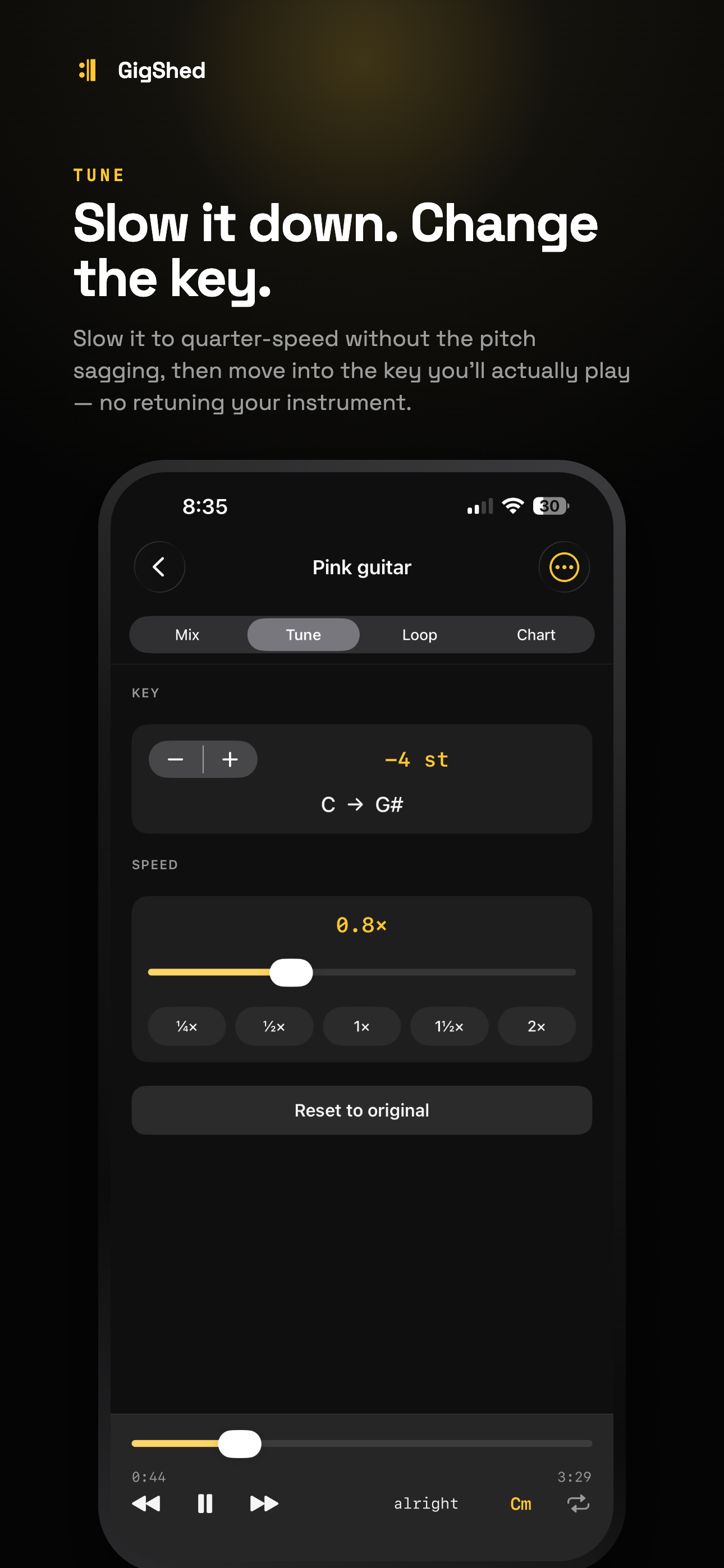 GigShed — change the key and slow the song down