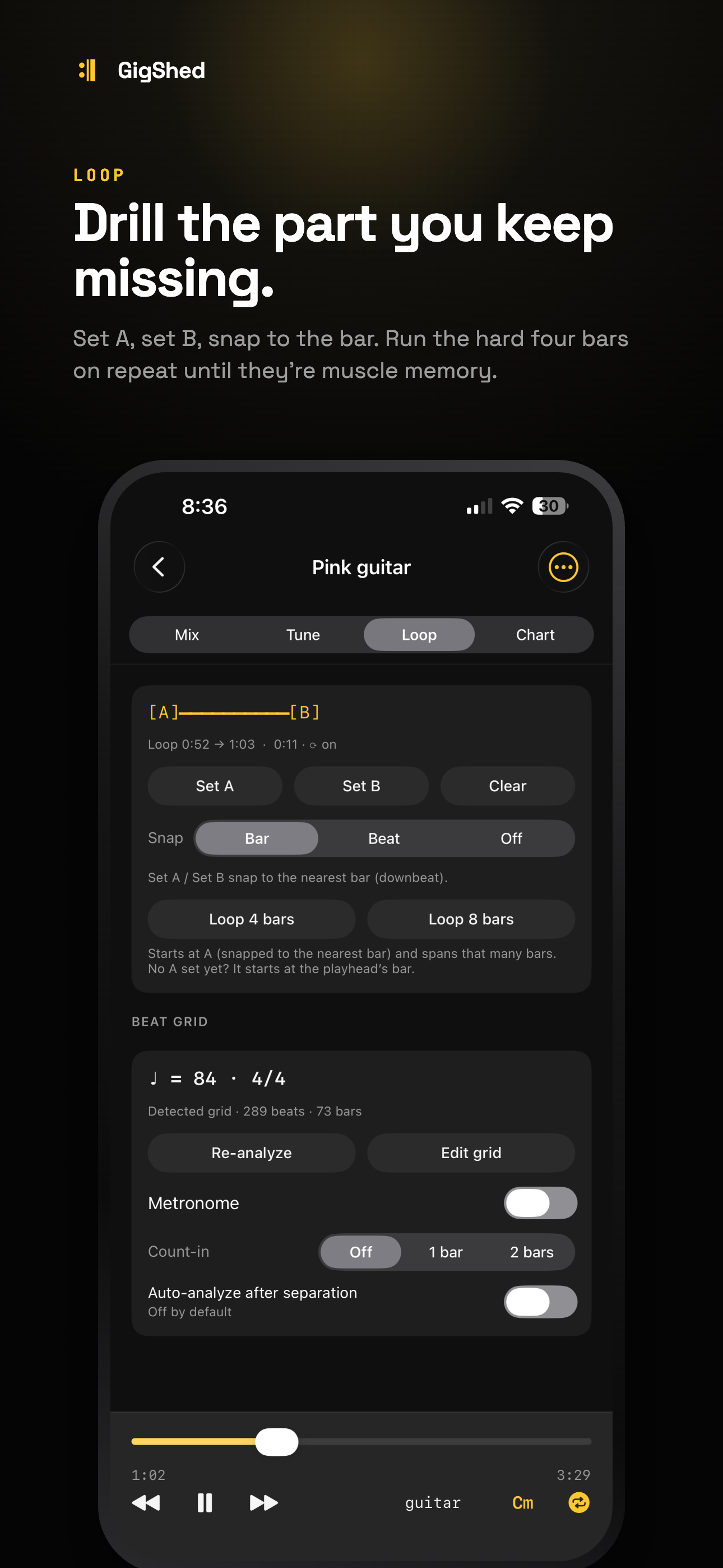GigShed — loop a section with a beat-locked grid
