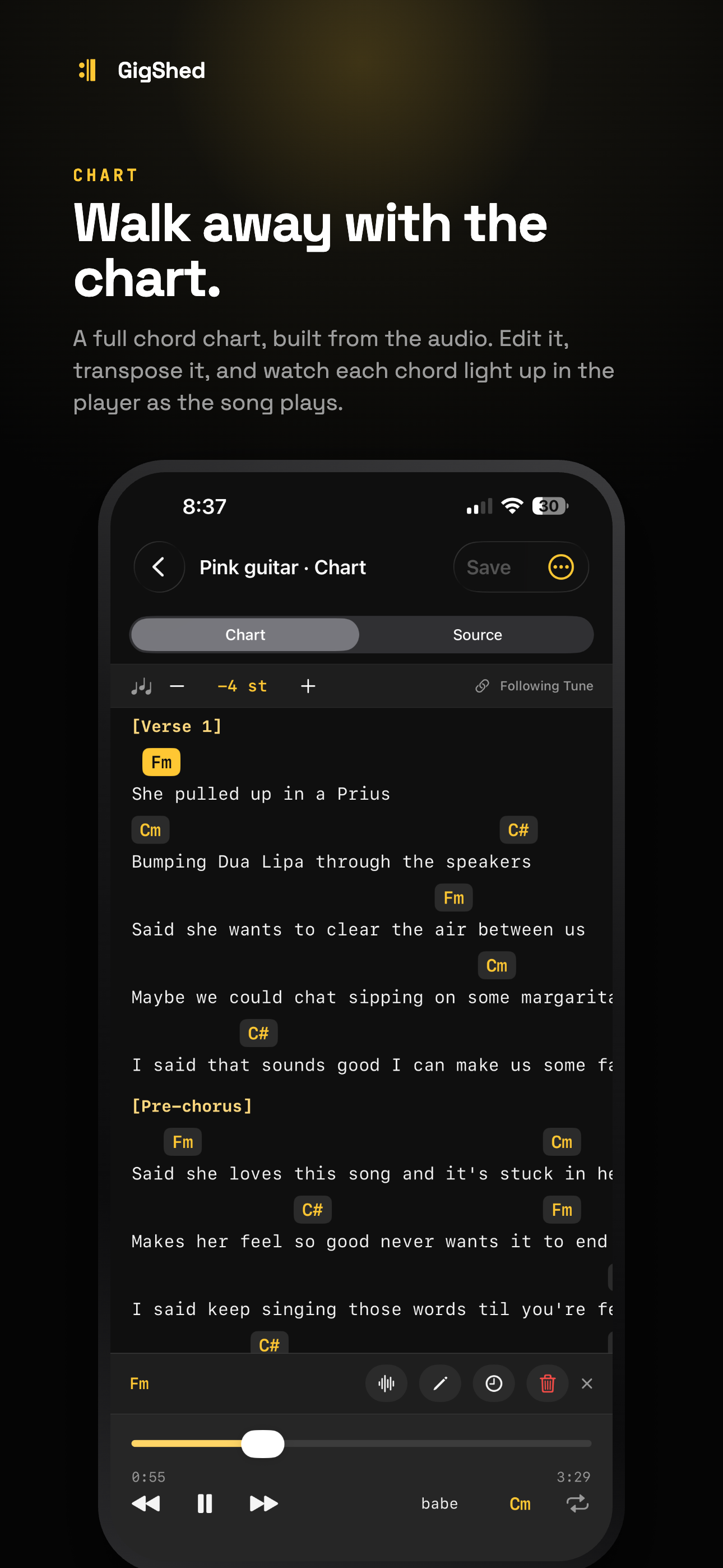 GigShed — a chords-and-lyrics chart you can edit with the audio