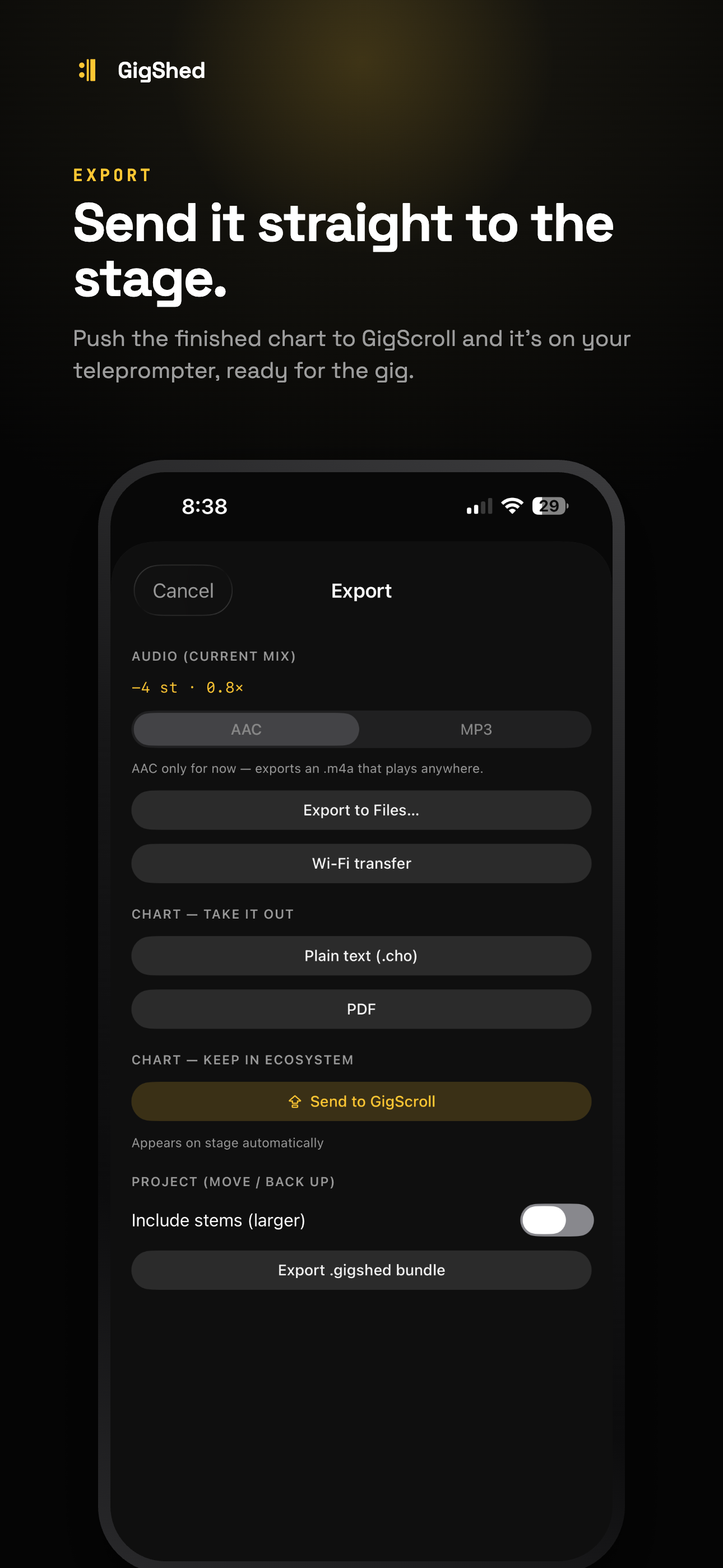 GigShed — export your mix or send the chart to GigScroll