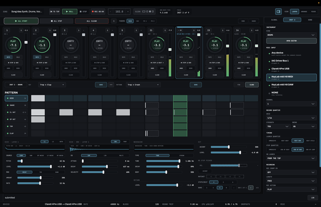 The drum editor with the Trap n Clap kit and the Trap n Crash pattern loaded: a grid of kick, snare, hats, tom and clap, with the playing step lit and hits played between steps drawn where they sound. Below it are the kick’s first layer with a sine source, its envelope, the tube waveguide, and the kit and step controls with BARS set to 4
