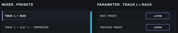 The chooser on PRESETS with TRACK 1 › RACK selected, offering NEXT PRESET and PREVIOUS PRESET