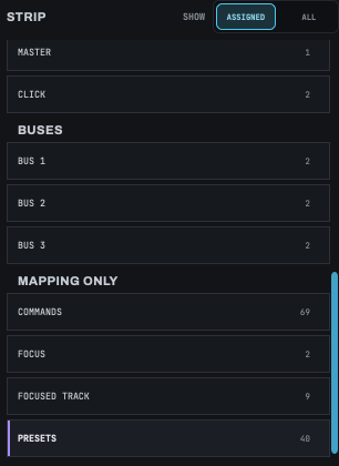 The chooser's strip column scrolled to its end: MASTER, CLICK, BUS 1 to BUS 3, and the MAPPING ONLY group with COMMANDS, FOCUS, FOCUSED TRACK and PRESETS