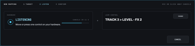 The new mapping card in its LISTEN step: LISTENING, move or press one control on your hardware, a countdown reading CANCELS IN 11 S, and TRACK 3 › LEVEL - FX 2 as the LOOM control
