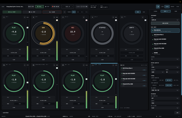 LOOM's looper with five audio tracks above and four instrument tracks below. The rings read PLAY, DUB, REC, STOPPED and EMPTY, and a MIDI IN card lists the connected controllers