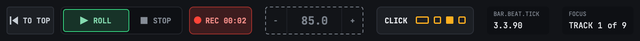 LOOM's top bar while recording: ROLL lit green and the RECORD button red at REC 00:02, beside a locked tempo of 85.0