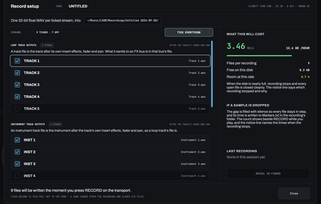 LOOM's Record setup sheet with nine of sixteen streams ticked, each loop track and instrument track row naming its WAV file, and a cost panel reading 3.46 MB/s, 12.4 GB an hour, 8.3 GB free and 0.7 hours of room in amber