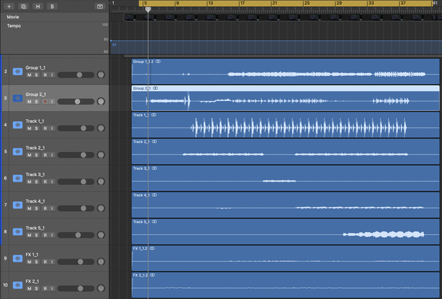 One LOOM recording in Logic Pro: two group files, five loop track files and the FX 1 and FX 2 bus files on their own tracks, every region starting at the same bar, under a movie track