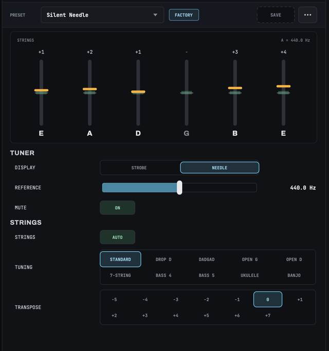 The tuner after a strum, with a column for each string of standard tuning: low E 1 cent sharp, A 2, D 1, G with no reading, B 3 and high E 4 cents sharp