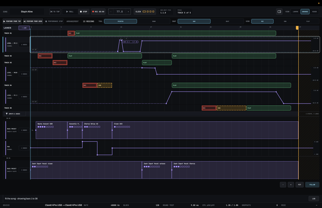 LOOM’s arrange view: thirteen regions across five track lanes, with automation lanes below for two FX 2 send levels, a main level, a pan, and two rack lanes with sections named Nasty Acoust G2B, Chorus Delay AC and Clean ACG