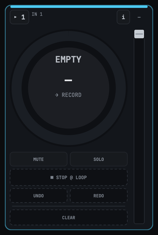 A LOOM track strip whose ring reads EMPTY with RECORD as its next action, above MUTE, SOLO, STOP @ LOOP, UNDO, REDO and CLEAR