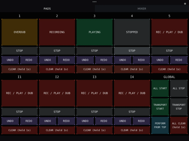 The PADS page in TouchOSC: track pads reading OVERDUB, RECORDING, PLAYING and STOPPED in LOOM's colours, with STOP, UNDO, REDO and CLEAR under each, and a GLOBAL tile