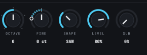 The synth's OSC 1 knobs. The FINE knob has a hollow ring on its arc and a dashed arc back to its pointer, showing the hardware below LOOM's value