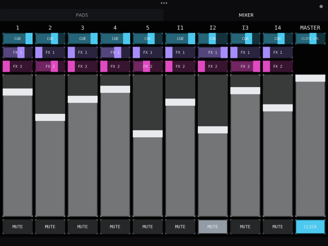 The MIXER page in TouchOSC: a strip per track with CUE, FX 1 and FX 2 send faders, a level fader and MUTE, and a MASTER strip with the click level, the master level and CLICK