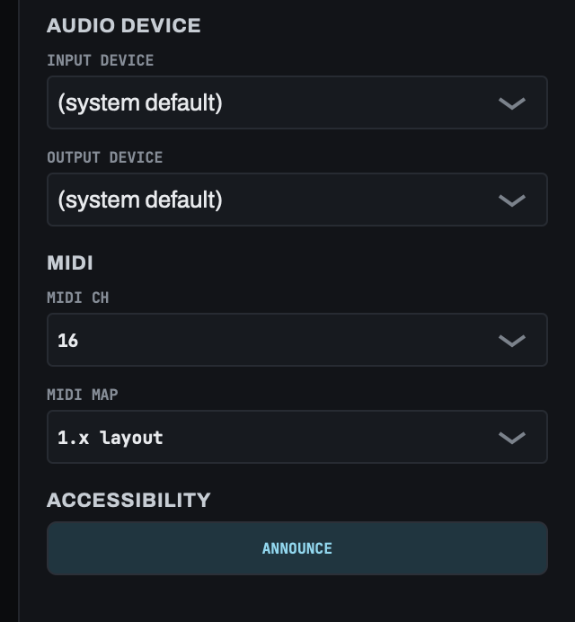 The side panel's MIDI settings: MIDI CH set to 16 and MIDI MAP set to 1.x layout