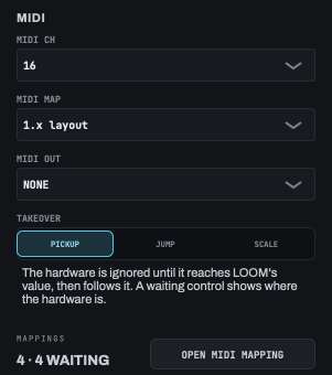 The side panel's MIDI section: MIDI CH 16, MIDI MAP 1.x layout, MIDI OUT NONE, TAKEOVER set to PICKUP with JUMP and SCALE beside it, and MAPPINGS reading 4 · 4 WAITING beside an OPEN MIDI MAPPING button