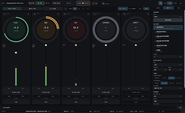 The looper in BANKS layout: the five audio tracks at full size, their rings showing PLAY, DUB, REC, STOPPED and EMPTY, with AUDIO and INST tabs above them that switch to the four instrument tracks
