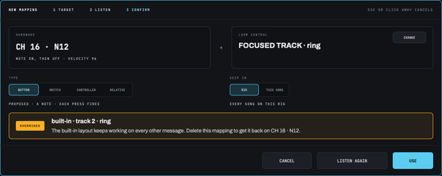 The CONFIRM step for CH 16 · N12, note on then off at velocity 96, mapped to FOCUSED TRACK · ring with BUTTON proposed. An OVERRIDES box says the built-in layout's track 2 ring is on that note and keeps working on every other message